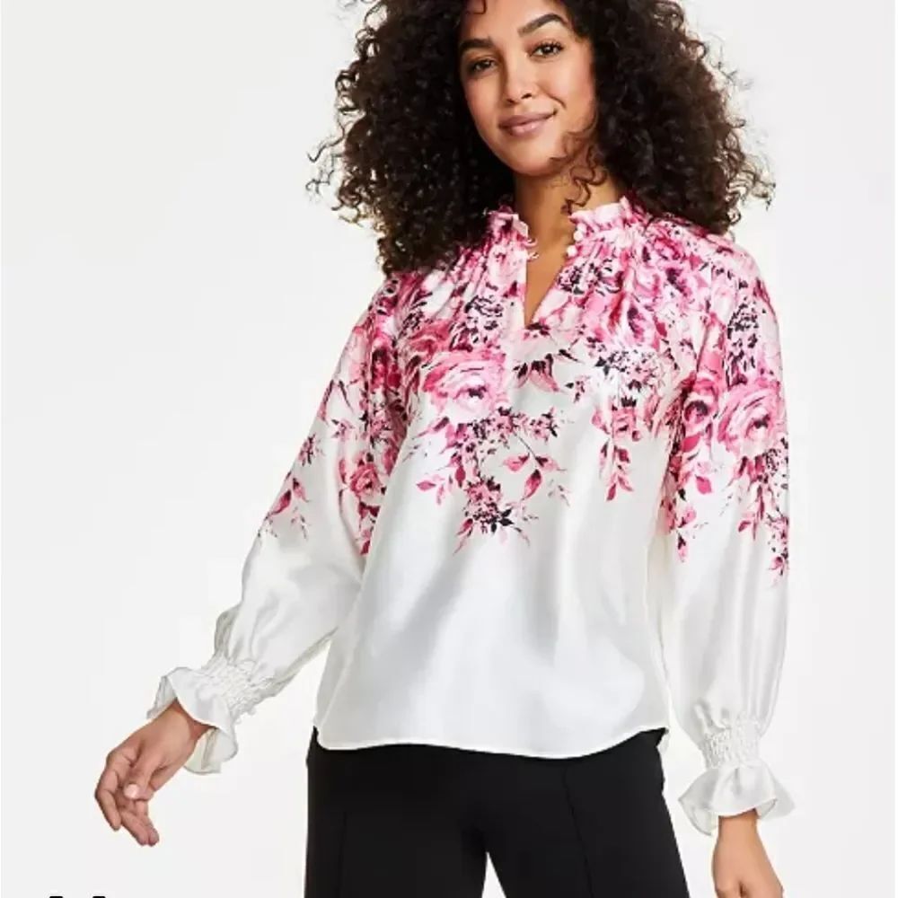 NEW Anne Klein Petite Printed Ruffle-Neck Long-Sleeve Satin Top PXS